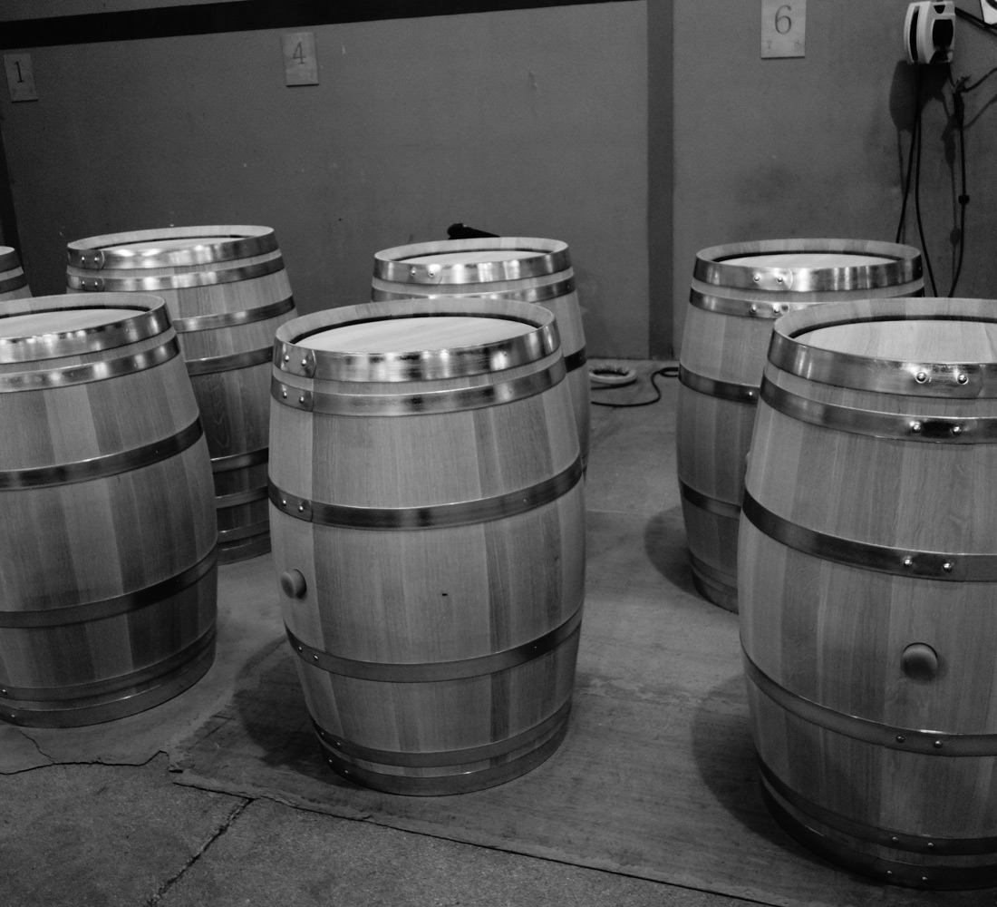 black and white of barrels built