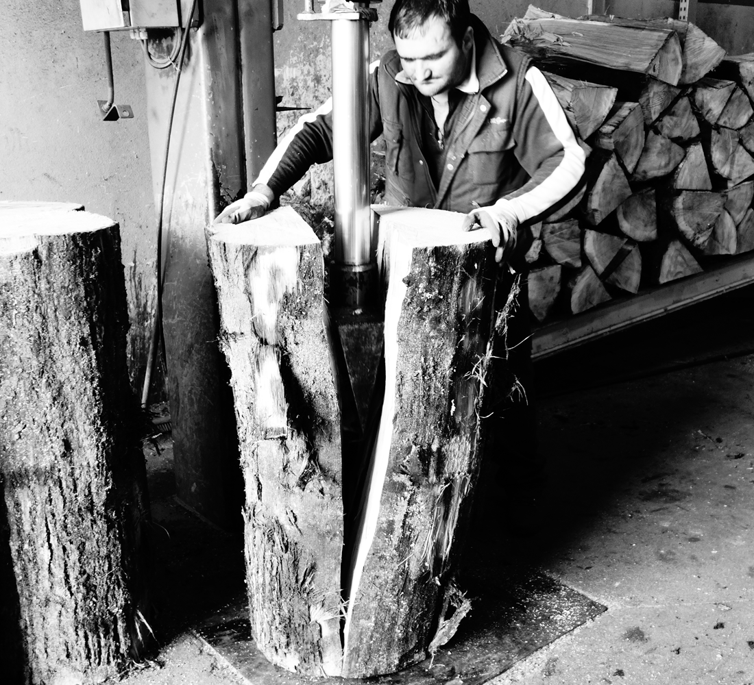 Man splitting log in factory
